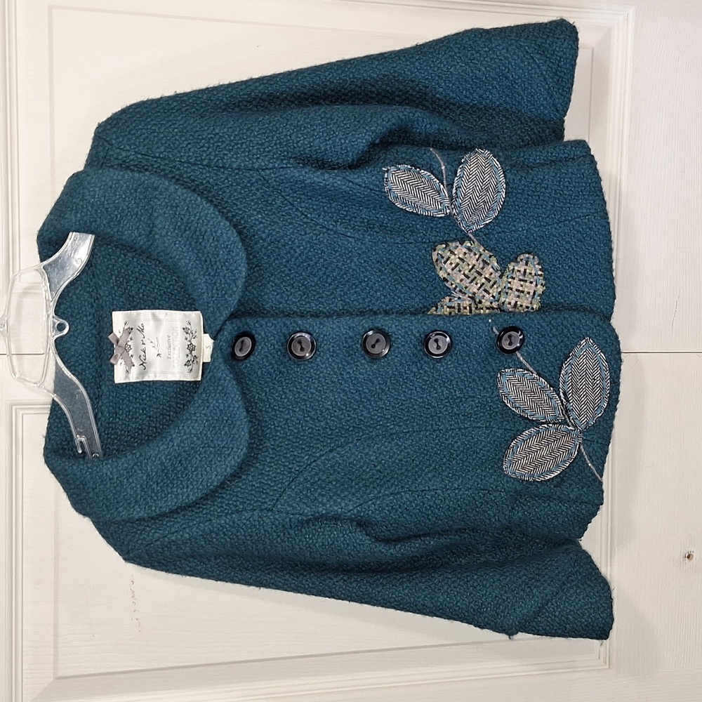 Nick & Mo Wool Blend Bouclé Jacket - Embroidered Leaf Appliqué - Teal - S